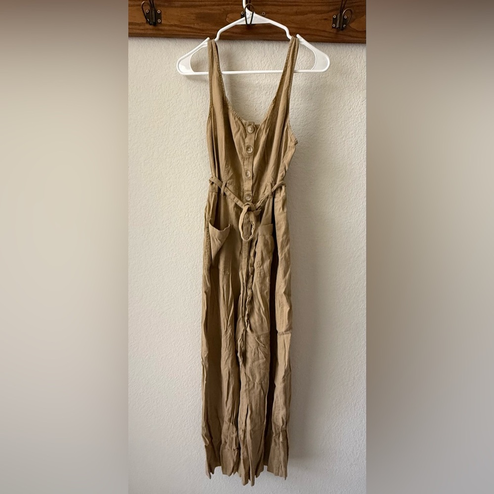 American Eagle Linen-Blend Button-Up Jumpsuit in Tan